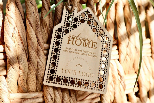 Personalized Realtor Gift Tags: Welcome Home Wood Tags with Logo