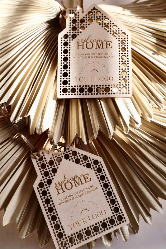 Personalized Realtor Gift Tags: Welcome Home Wood Tags with Logo