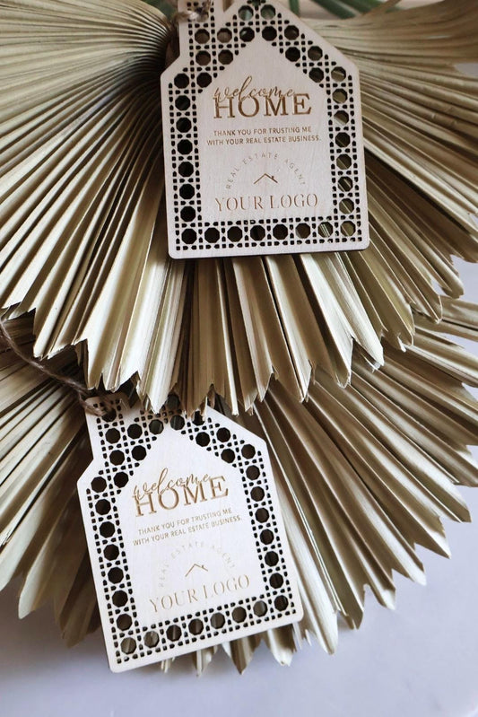 Personalized Realtor Gift Tags: Welcome Home Wood Tags with Logo
