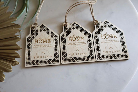 Personalized Realtor Gift Tags: Welcome Home Wood Tags with Logo